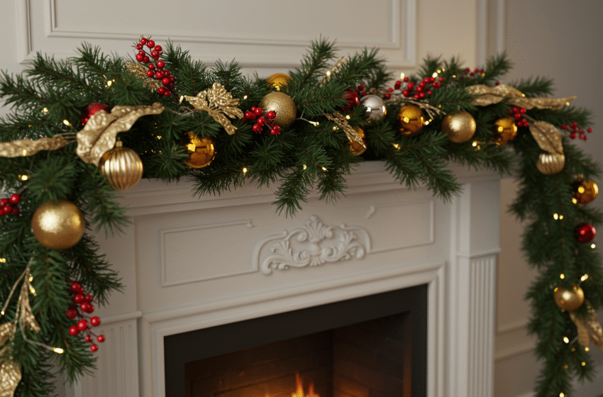 how to attach garland to fireplace mantel​