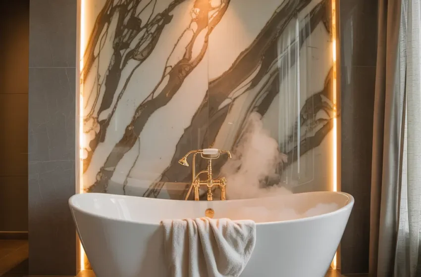  10 Beautiful Calcutta Gold Marble Bathroom Ideas with Wooden Touches